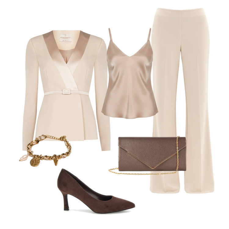 Outfit donna - Panna e cioccolato. Stile Chic per Cerimonia. Abbinamento con clutch, blazer, pantaloni a palazzo, top, braccialetti, décolleté.