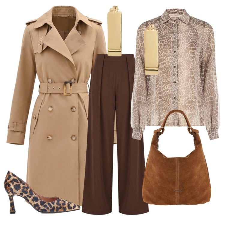 Outfit donna - In ufficio a testa alta. Stile Glamour per Ufficio. Abbinamento con borse a spalla, orecchini, camicie, trench, pantaloni a palazzo, décolleté.