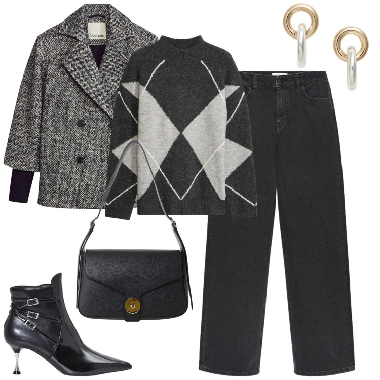 Outfit donna - Casual ma curata. Stile Casual chic per Tutti i giorni. Abbinamento con caban, maglieria, jeans, stivaletti, borse a spalla, orecchini.