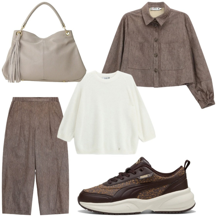 Outfit donna - Comoda in ufficio. Stile Casual chic per Ufficio. Abbinamento con borse a spalla, pantaloni a palazzo, cappotti, maglieria, sneakers.
