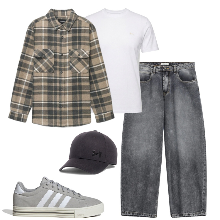 Outfit uomo - Tempo libero. Stile Casual per Tutti i giorni. Abbinamento con t-shirt, jeans, camicie, cappelli con visiera, sneakers.