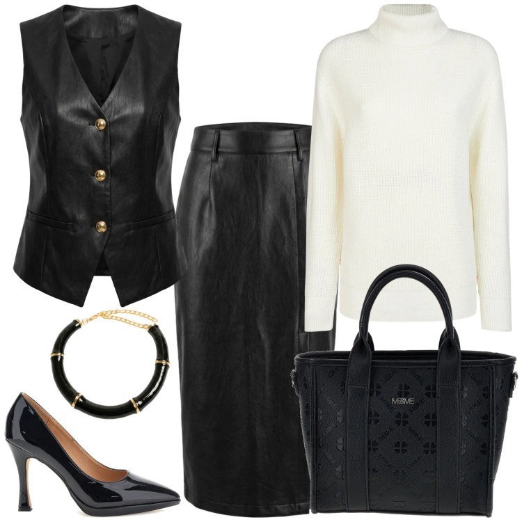 Outfit donna - Soft Leather: Black & White. Stile Casual chic per Tutti i giorni. Abbinamento con maglieria, gilet, gonne longuette, collane, borse a tracolla, décolleté.