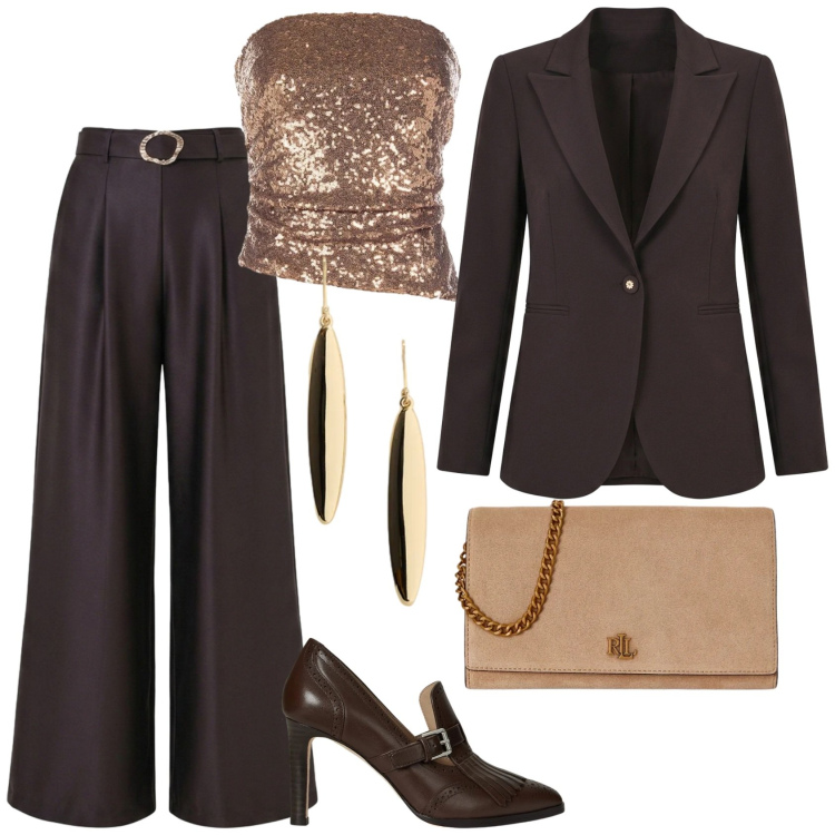 Outfit donna - Total look #2484635. Stile Casual chic per Cerimonia. Abbinamento con décolleté, borse a tracolla, orecchini, blazer, pantaloni a palazzo, top.