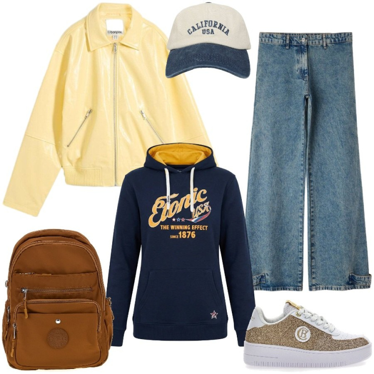 Outfit donna - A lezione. Stile Preppy per Scuola/Università. Abbinamento con cappotti, jeans, cappelli con visiera, sneakers alte, felpe con cappuccio, zaini.