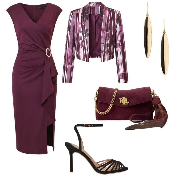 Outfit donna - Cerimonia elegante. Stile Glamour per Cerimonia. Abbinamento con vestiti midi/longuette, blazer, sandali col tacco, borse a tracolla, orecchini.