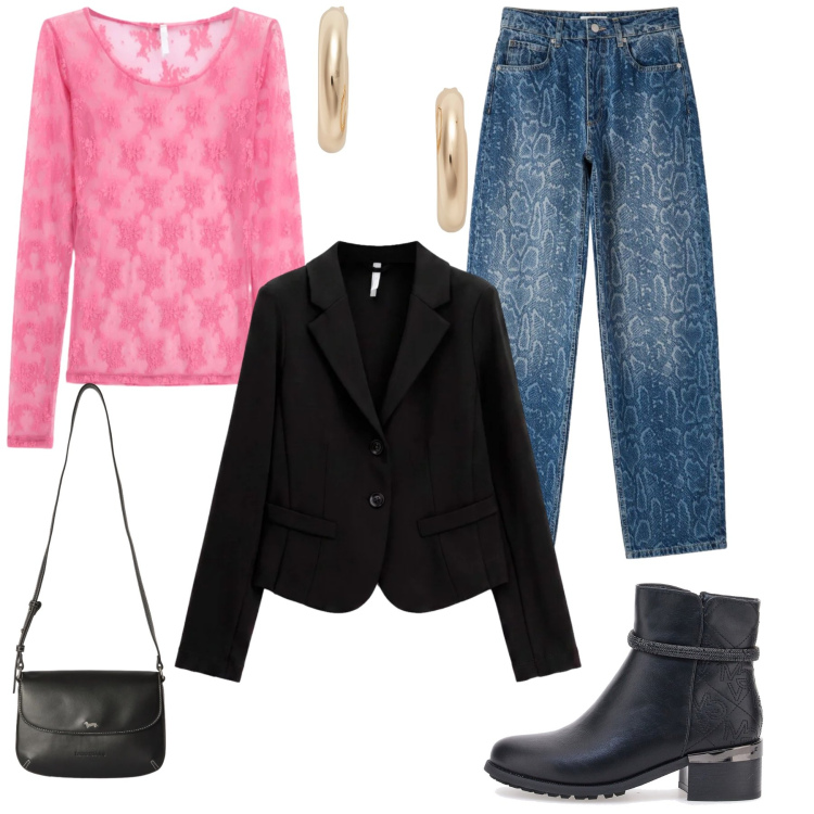 Outfit donna - Total look #2484648. Stile Casual chic per Tutti i giorni. Abbinamento con jeans dritti, blazer, t-shirt, borse a tracolla, orecchini, stivaletti.