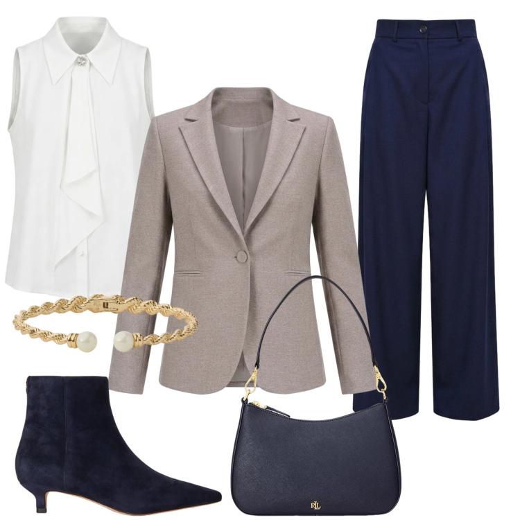 Outfit donna - Total look #2484651. Stile Chic per Ufficio. Abbinamento con borse a spalla, stivaletti, braccialetti, pantaloni a palazzo, top, blazer.