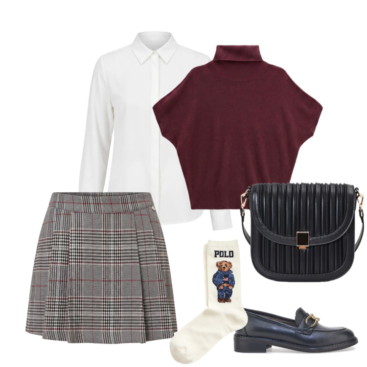 Outfit donna - Stile preppy autunnale. per Scuola/Università. Abbinamento con pullovers, calzini, borse a tracolla, camicie, minigonne, mocassini.