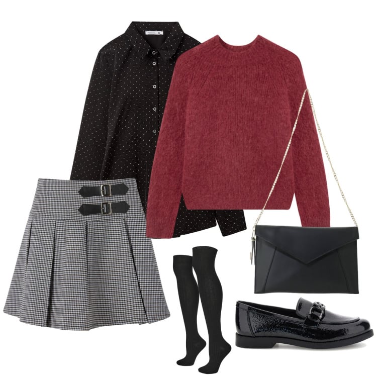 Outfit donna - Stile preppy autunnale. per Tutti i giorni. Abbinamento con calzini, camicie, pullovers, minigonne, borse a tracolla, mocassini.