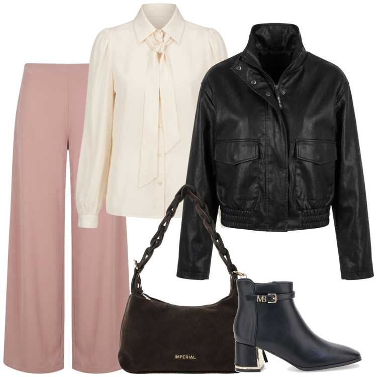Outfit donna - Gli opposti. Stile Bon Ton per Serata fuori. Abbinamento con borse a spalla, pantaloni a palazzo, bomber, camicie, stivaletti.