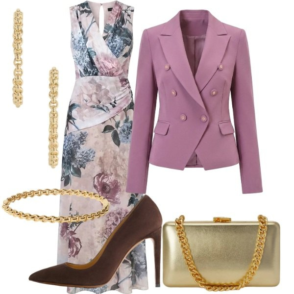 Outfit donna - Fall Ceremony: abito floreale e blazer. Stile Glamour per Cerimonia. look ideale per Tall. Abbinamento con vestiti lunghi, blazer, clutch, décolleté, orecchini, braccialetti.