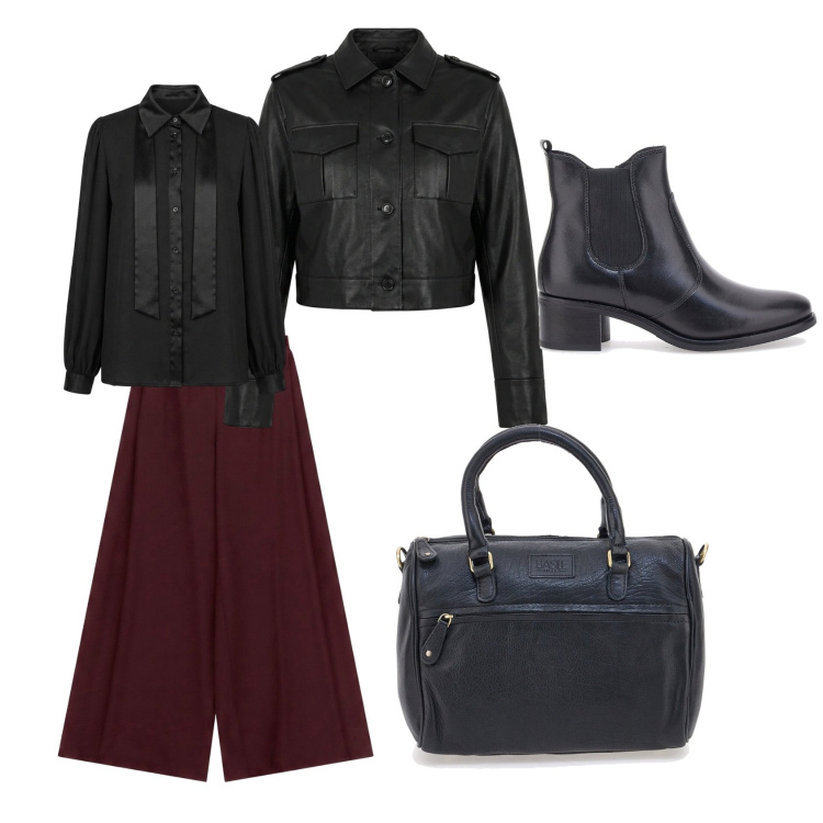 Outfit donna - Pelle soft. Stile Minimal per Tutti i giorni. Abbinamento con pantaloni a palazzo, bomber, camicie, stivaletti chelsea, borse a tracolla.