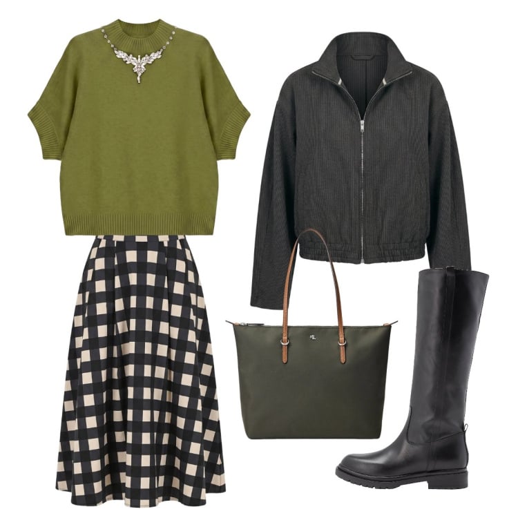Outfit donna - Tartan. Stile Military per Scuola/Università. Abbinamento con stivali, gonne longuette, maglieria, bomber, borse tote.
