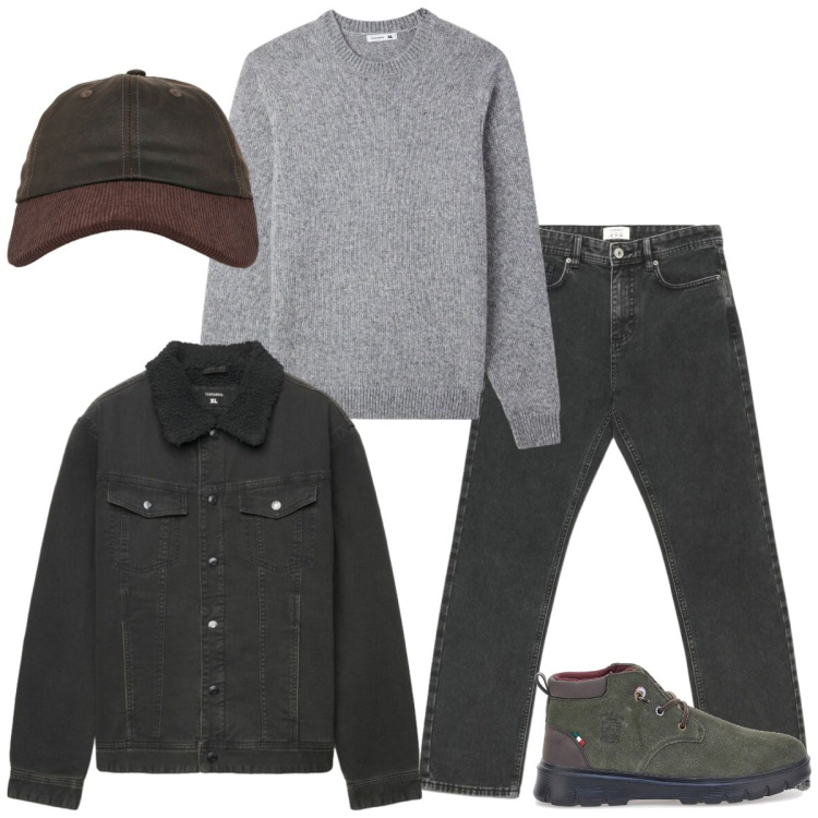 Outfit uomo - Total look #2484672. Stile Casual per Tutti i giorni. Abbinamento con jeans dritti, cappotti, cappelli con visiera, pullovers, stivali e stivaletti.