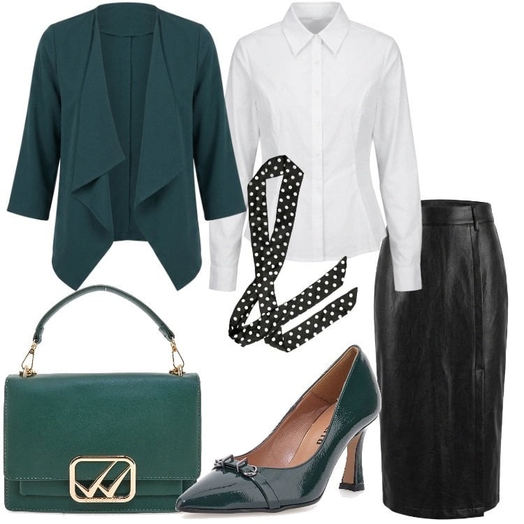 Outfit donna - SOFT LEATHER: Gli opposti si attraggono. Stile Chic per Ufficio. Abbinamento con blazer, gonne longuette, camicie, foulard, décolleté, borse a tracolla.