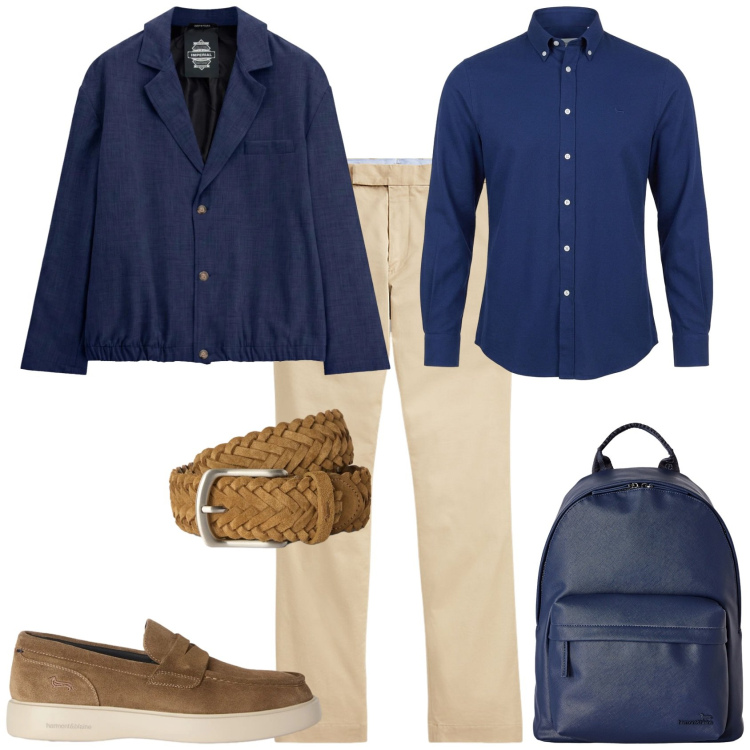 Outfit uomo - Casual in ufficio. Stile Casual per Ufficio. Abbinamento con cinture, borse sportive, scarpe stringate, camicie, giacche, pantaloni chino.