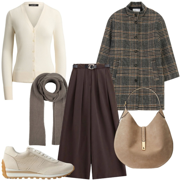 Outfit donna - Primi freddi. Stile Chic per Ufficio. Abbinamento con sciarpe, pantaloni a palazzo, cappotti, borse a spalla, sneakers, cardigans.