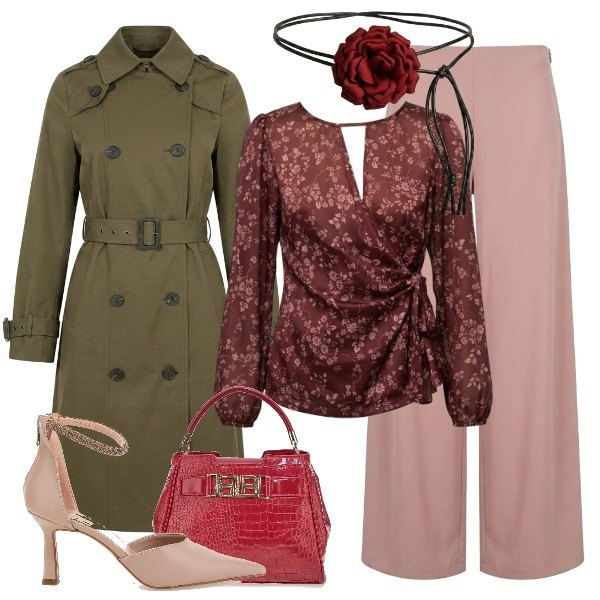 Outfit donna - Contrast Style: la forza e la dolcezza. Stile Glamour per Ufficio. look ideale per Tall. Abbinamento con pantaloni a palazzo, trench, bluse, cinture, décolleté, borse a mano.