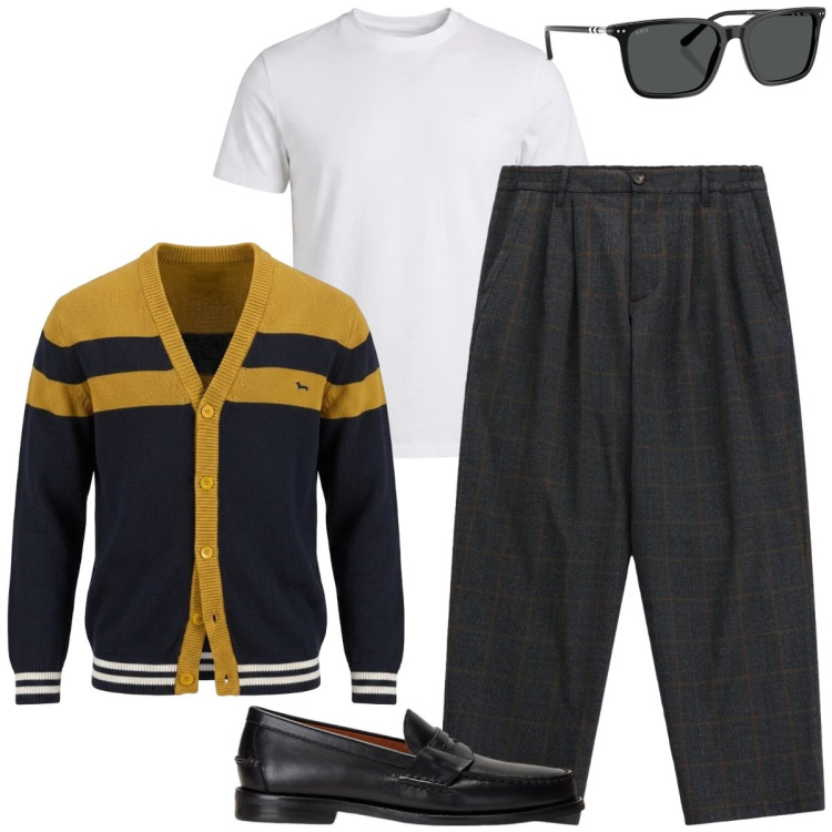 Outfit uomo - Total look #2484687. Stile Business/Elegante per Serata speciale. Abbinamento con cardigans, t-shirt, pantaloni, scarpe stringate, occhiali da sole.