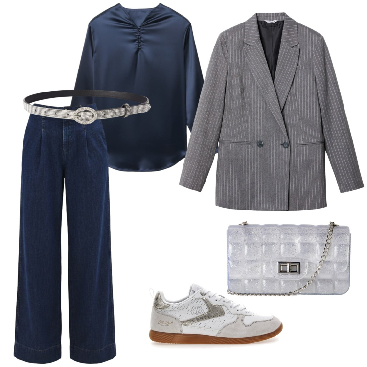 Outfit donna - Sabato mattina. per Tutti i giorni. Abbinamento con jeans dritti, bluse, cinture, blazer, borse a tracolla, sneakers.