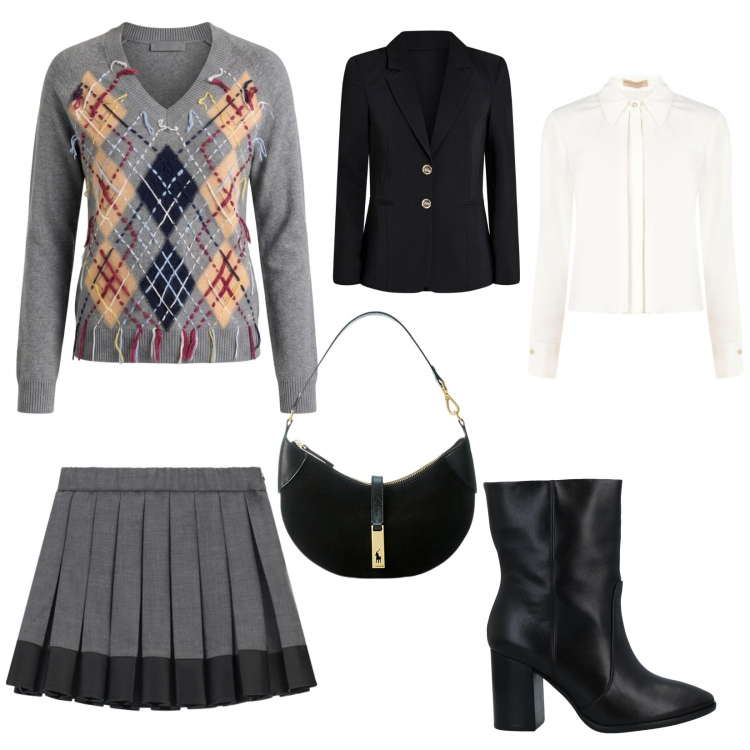 Outfit donna - Primo freddo. Stile Casual chic per Serata fuori. Abbinamento con maglieria, minigonne, borse a spalla, blazer, camicie, stivaletti.