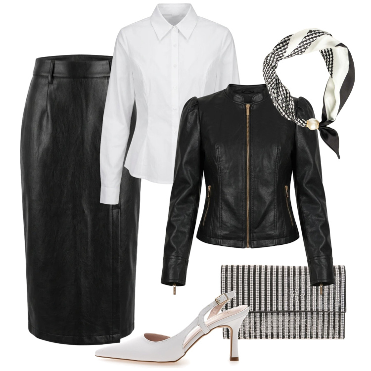 Outfit donna - Serata glam in pelle. Stile Glamour per Serata fuori. Abbinamento con gonne longuette, giacche, camicie, clutch, foulard, décolleté.