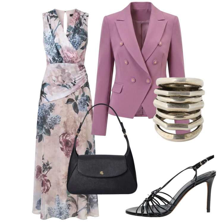 Outfit donna - Total look #2484706. Stile Chic per Cerimonia. Abbinamento con vestiti lunghi, blazer, borse a spalla, anelli, sandali in pelle.