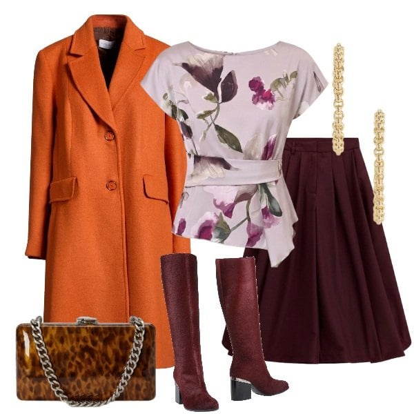 Outfit donna - Autumn Contrast with Borgogna. Stile Casual chic per Serata fuori. look ideale per Tall. Abbinamento con stivali, cappotti, t-shirt, pantaloni culotte, clutch, orecchini.