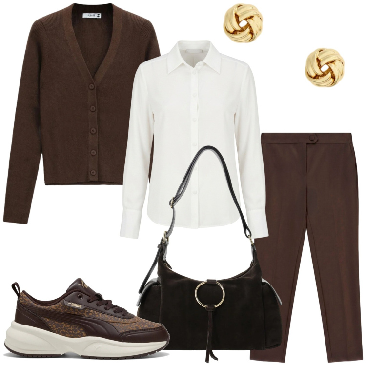Outfit donna - Il primo freddo. Stile Trendy per Tutti i giorni. Abbinamento con camicie, borse a spalla, pantaloni, cardigans, orecchini, sneakers.