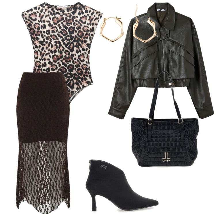 Outfit donna - Tendenza. per Serata fuori. Abbinamento con orecchini, top, bomber, gonne longuette, stivaletti, shopping bag.