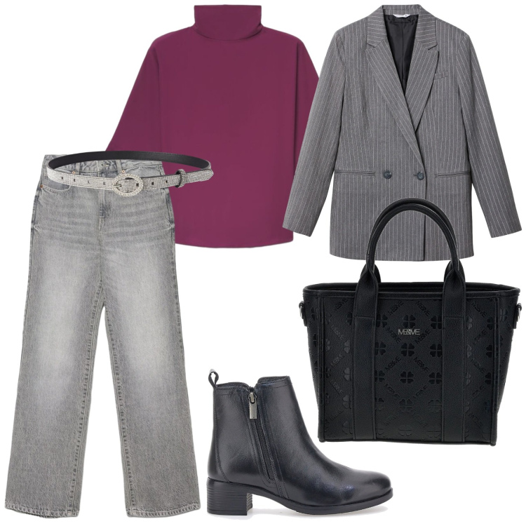 Outfit donna - Nel quotidiano. per Tutti i giorni. Abbinamento con blazer, cinture, jeans dritti, bluse, borse a tracolla, stivaletti.