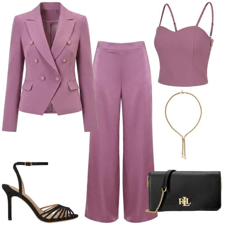 Outfit donna - Eleganza d\'autunno. Stile Chic per Cerimonia. Abbinamento con pantaloni a palazzo, blazer, top, borse a tracolla, sandali col tacco, collane.