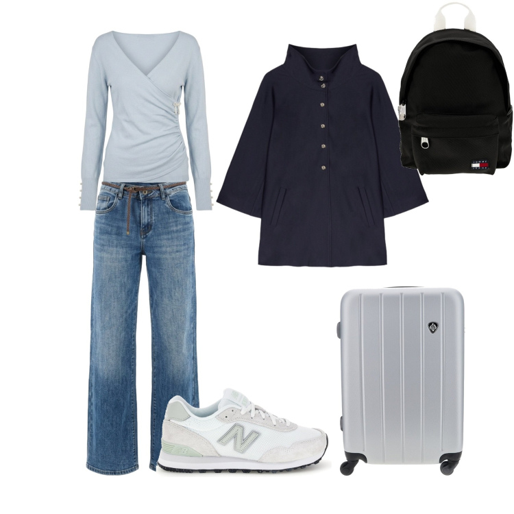 Outfit donna - In partenza. Stile Sporty chic per Tutti i giorni. Abbinamento con blazer, jeans, t-shirt, sneakers, zaini, valigie.