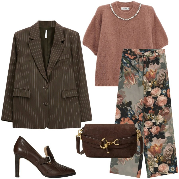 Outfit donna - Righe e fiori. Stile Casual chic per Ufficio. Abbinamento con blazer, pantaloni a palazzo, maglieria, borse a spalla, décolleté.