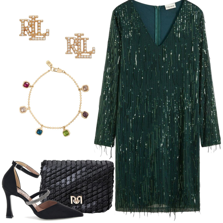 Outfit donna - Il luminoso abito da sera verde bosco. Stile Glamour per Cerimonia. Abbinamento con vestiti, borse a tracolla, orecchini, braccialetti, décolleté.