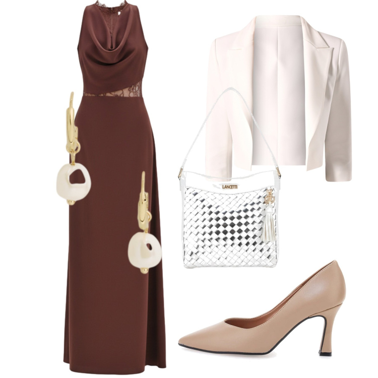 Outfit donna - Total look #2484730. Stile Chic per Cerimonia. Abbinamento con blazer, vestiti lunghi, orecchini, décolleté, borse a spalla.