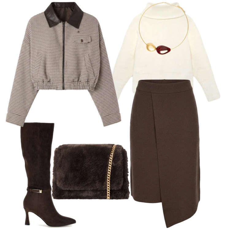 Outfit donna - Crema caffè. Stile Glamour per Ufficio. Abbinamento con gonne, collane, cappotti, pullovers, borse a tracolla, stivali.