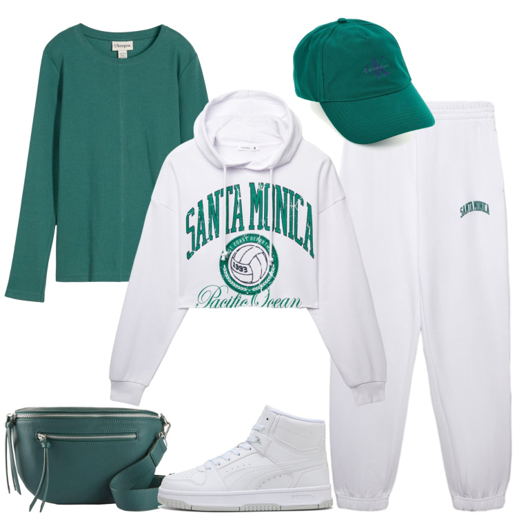Outfit donna - Verde e bianco, la tuta per lo jogging. Stile Sporty chic per Sport. Abbinamento con maglieria, marsupi, felpe con cappuccio, pantaloni, sneakers, cappelli con visiera.