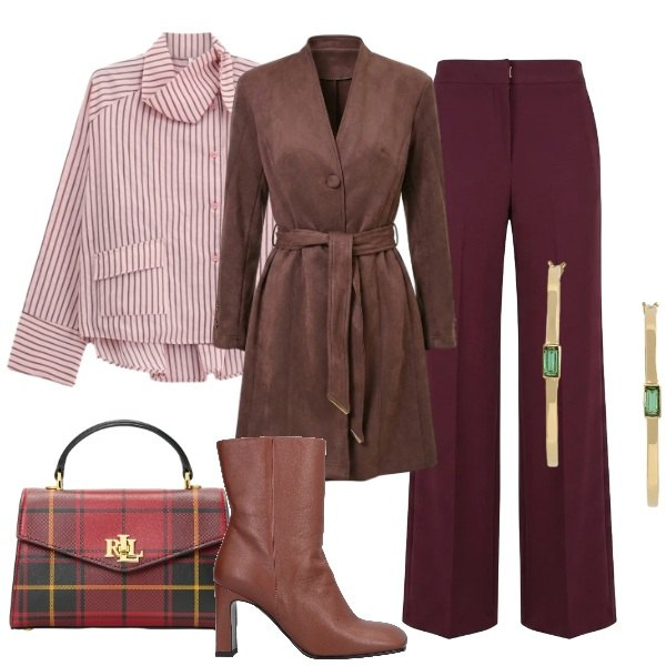 Outfit donna - Chic & Structured: righe e contrasti. Stile Glamour per Serata fuori. look ideale per Tall. Abbinamento con camicie, orecchini, borse a mano, pantaloni a palazzo, trench, stivaletti.