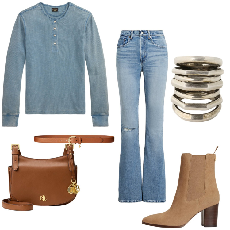 Outfit donna - Denim Soft. Stile Casual chic per Tutti i giorni. Abbinamento con stivaletti, jeans, borse a tracolla, anelli, cinture, t-shirt.