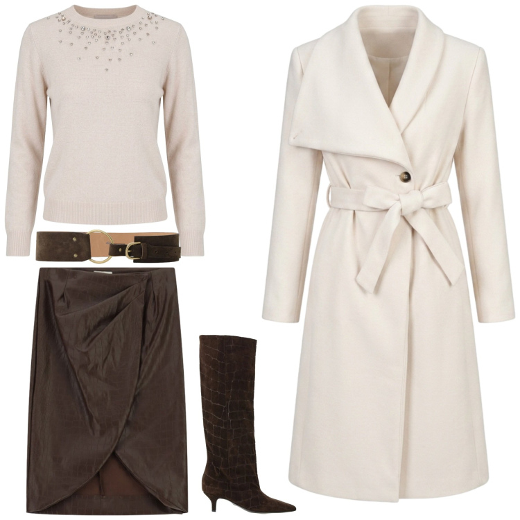 Outfit donna - Total look #2484758. Stile Casual chic per Ufficio. Abbinamento con stivali, cappotti, maglieria, gonne longuette, cinture.