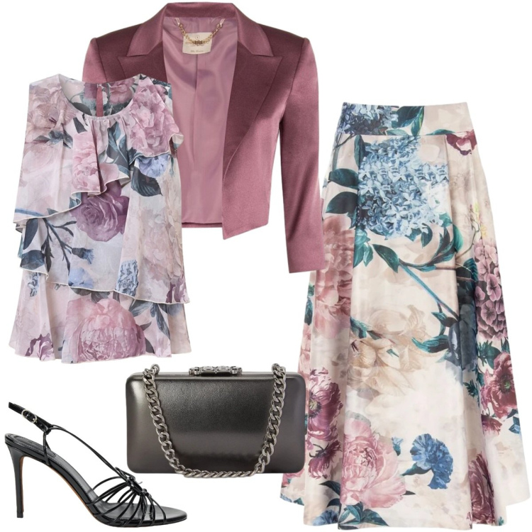 Outfit donna - Battesimo a ottobre. Stile Chic per Cerimonia. Abbinamento con top, gonne longuette, bolero, clutch, sandali in pelle.