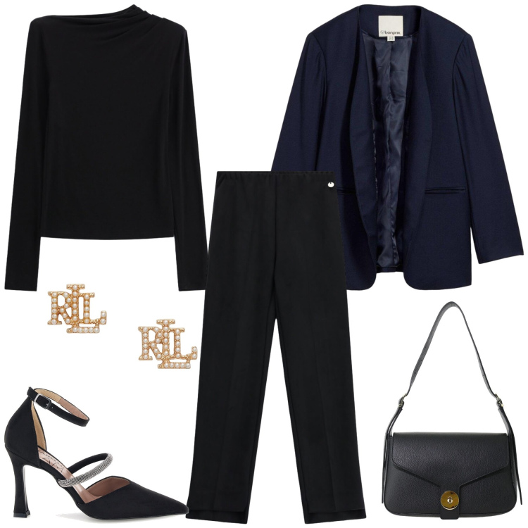 Outfit donna - Total Black Elegant. Stile Chic per Serata fuori. Abbinamento con blazer, top, borse a spalla, pantaloni, orecchini, décolleté.