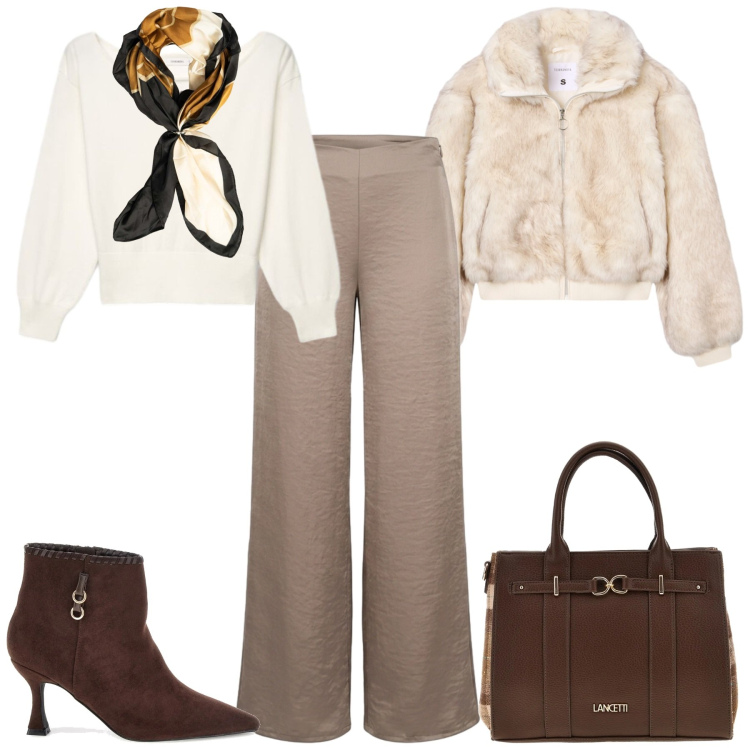 Outfit donna - Total look #2484763. Stile Casual chic per Serata fuori. Abbinamento con ecopellicce, maglieria, pantaloni a palazzo, foulard, shopping bag, stivaletti.