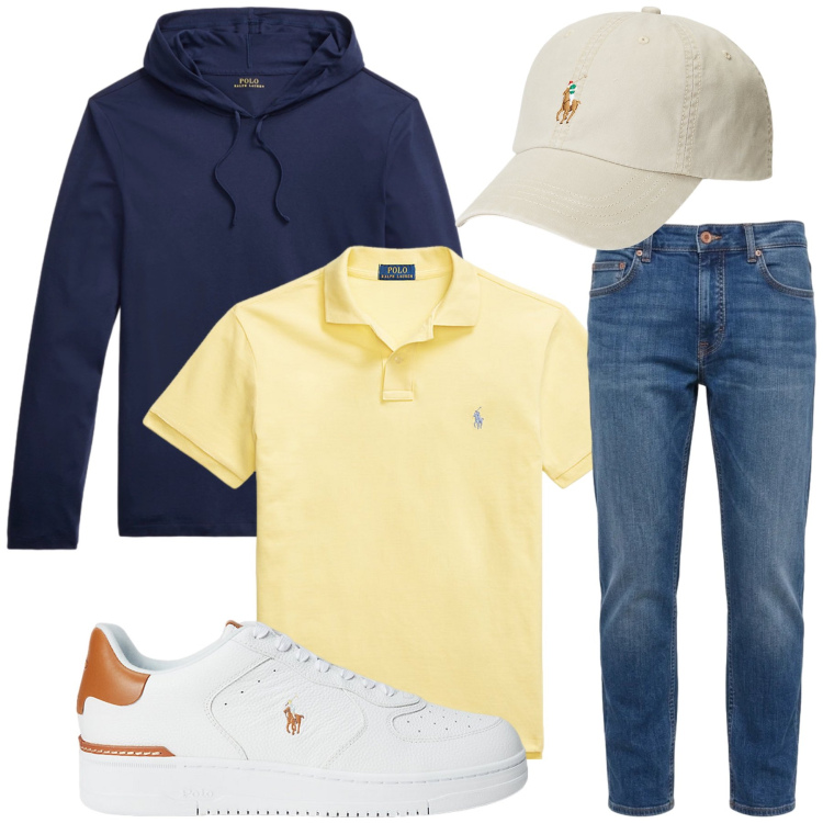 Outfit uomo - Total look #2484765. Stile Casual per Tutti i giorni. Abbinamento con jeans, cappelli, sneakers, polo, felpe con cappuccio.