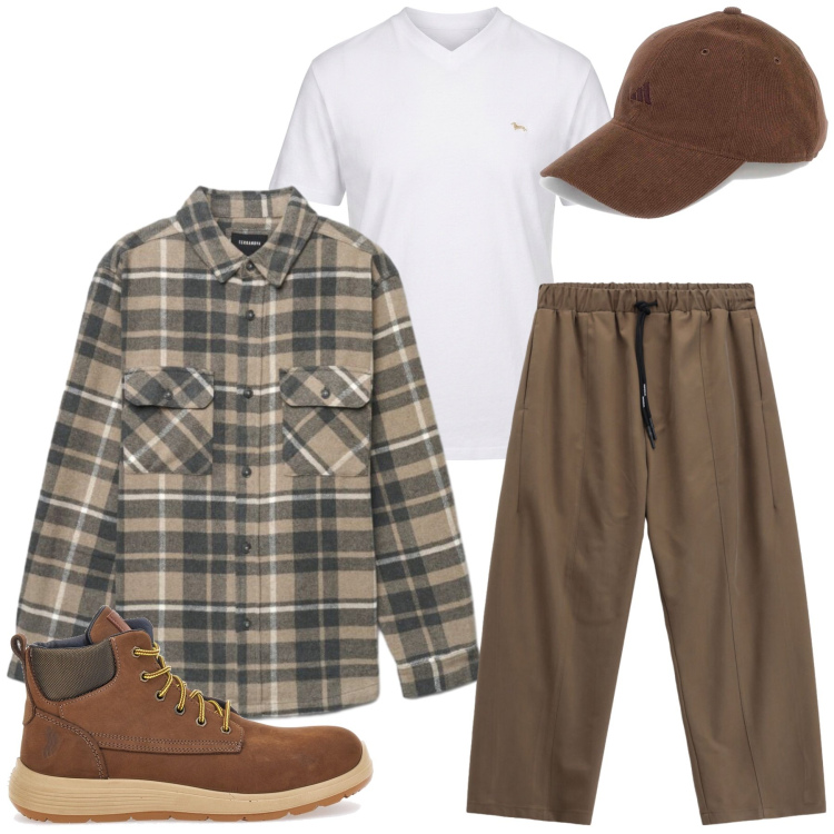 Outfit uomo - Total look #2484768. Stile Casual per Tutti i giorni. Abbinamento con t-shirt, pantaloni, camicie, stivali e stivaletti, cappelli con visiera.