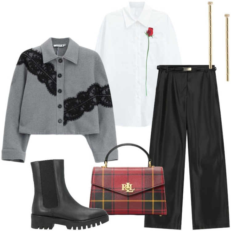 Outfit donna - City. Stile Chic per Serata fuori. Abbinamento con stivaletti chelsea, camicie, pantaloni, cappotti, orecchini, borse a mano.