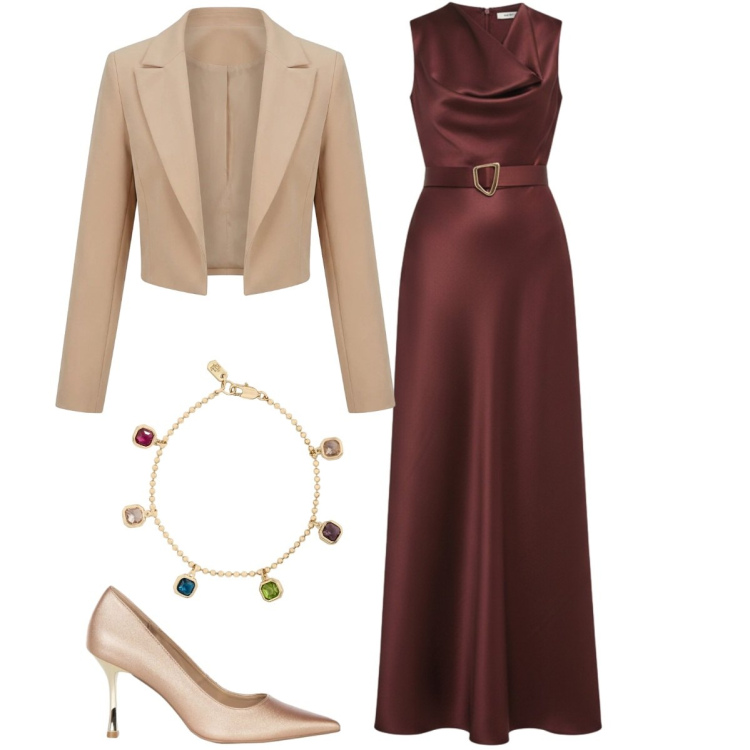 Outfit donna - Una cena elegante. Stile Chic per Serata fuori. Abbinamento con bolero, vestiti lunghi, décolleté, braccialetti.