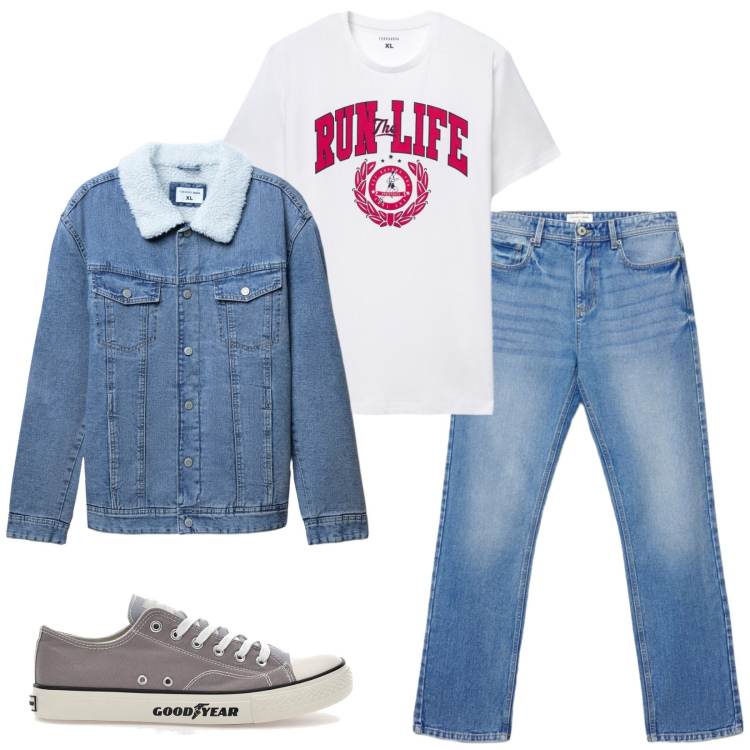 Outfit uomo - Total look #2484774. Stile Casual per Tutti i giorni. Abbinamento con giacche, t-shirt, jeans dritti, sneakers.