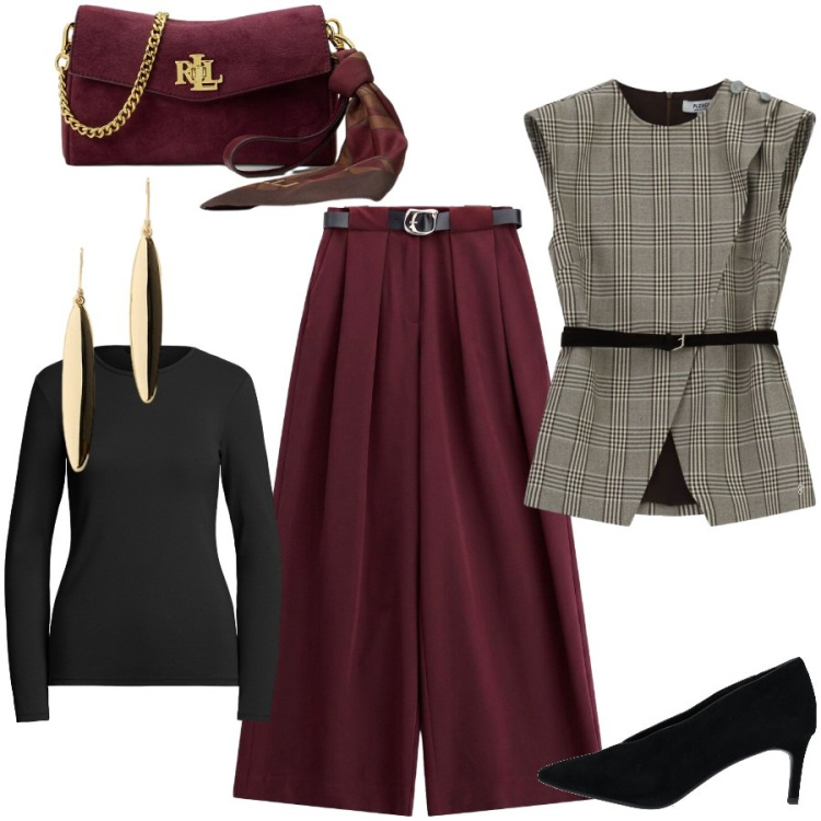Outfit donna - Serata fuori. Stile Chic per Serata fuori. Abbinamento con décolleté, pantaloni a palazzo, gilet, orecchini, borse a tracolla, t-shirt.